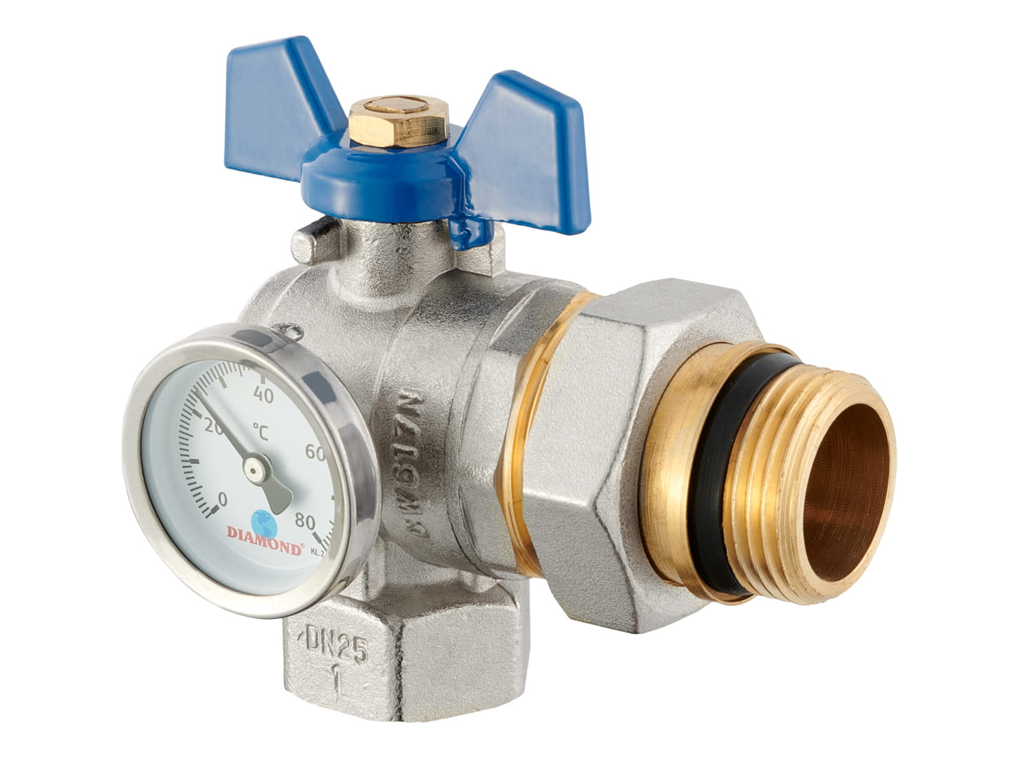 Zawór kulowy Hiszpan kątowy ze śrubunkiem i termometrem 1 cal